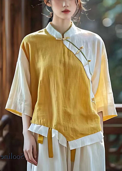 Handmade Yellow Asymmetrical Patchwork Linen Oriental Top Summer