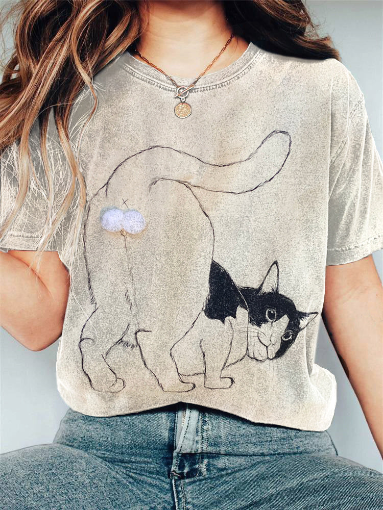 Comstylish Funny Cat Print Casual Vintage Cotton T-Shirt