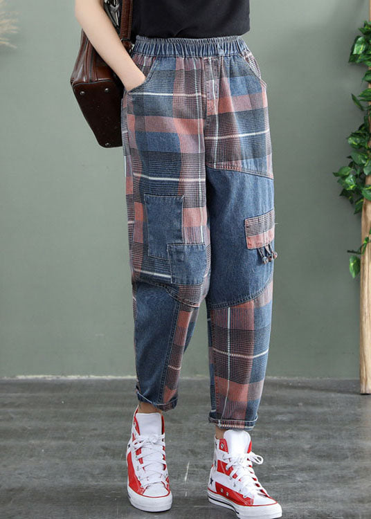 Blue Plaid Patchwork Denim Pants Spring