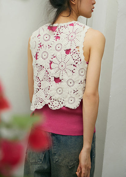Beige O-neck Hollow Out Hook Flower Cotton Vest Sleeveless