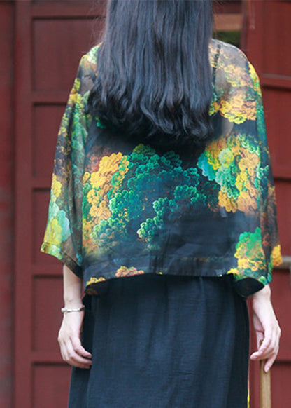 Photo Color Stand Collar Print Button Tulle Shirt Bracelet Sleeve