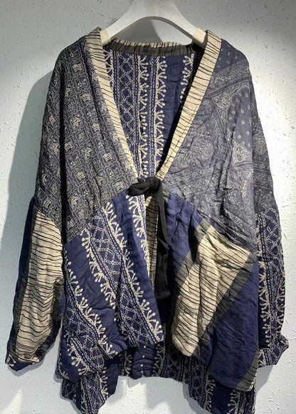 Diy Blue Print Patchwork Pockets Tie Waist Fall Top