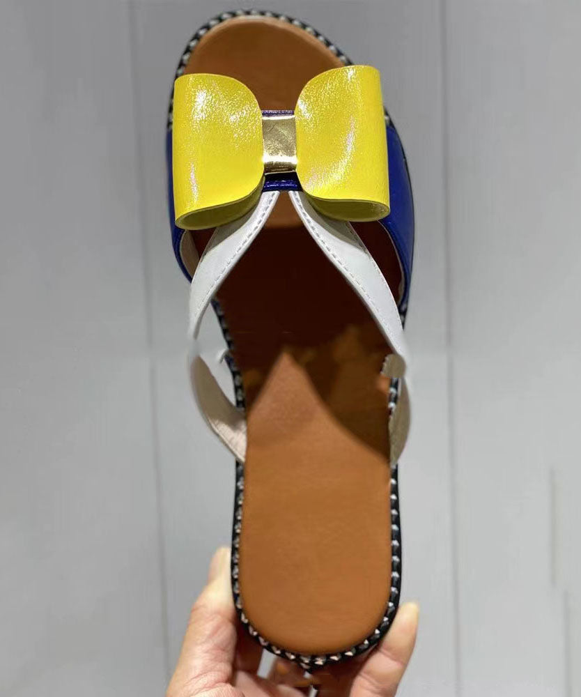 Yellow Peep Toe Faux Leather Splicing Bow Slide Sandals