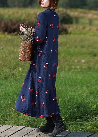 Handmade Navy Embroidery Tunics Stand Collar Robe Spring Dresses