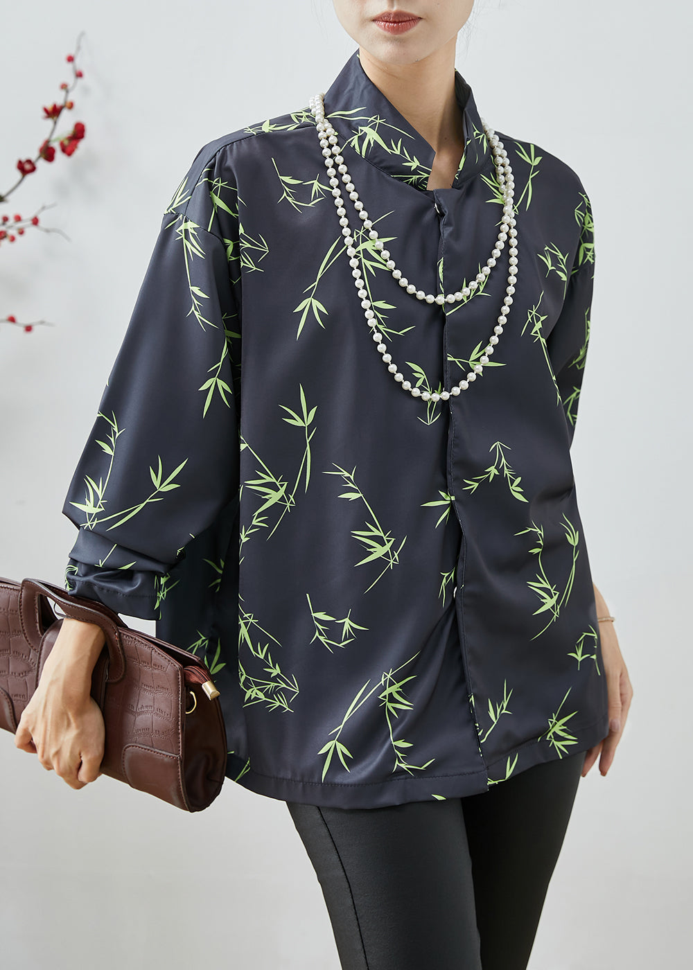 Black Oversized Bamboo Leaf Print Silk Shirt Spring