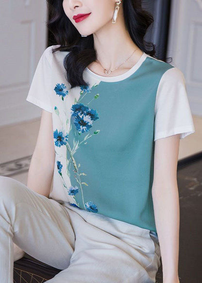 Colorblock O-neck Oversized Print Silk Tanks Summer