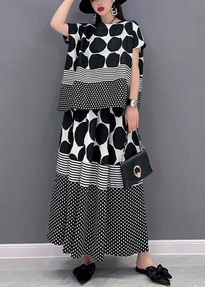 Loose Grey O-neck Dot Print Chiffon Tops and Skirts Two Pieces Set Short Sleeve