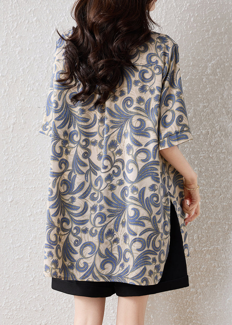 Khaki Oversized Print Cotton Blouses Summer