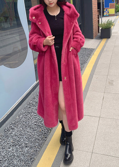Red Pockets Mink Hair Knitted Hoodie Long Coat Winter