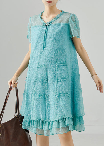 Lake Green Tasseled Ruffled Silk Dress Summer
