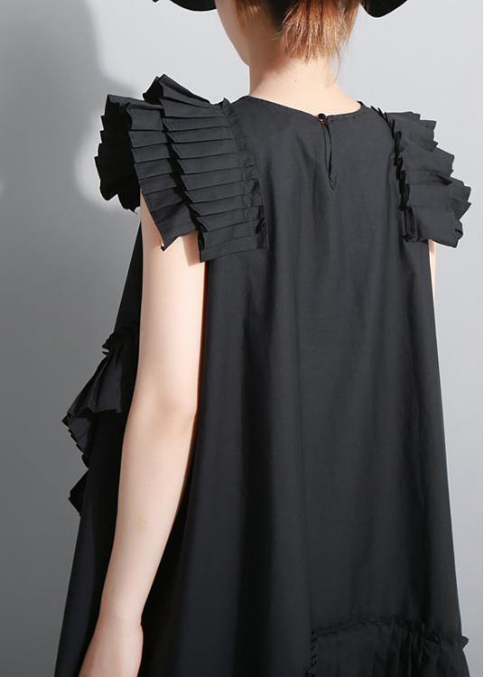Summer Black Sleeveless Pleated Ruffles Dress