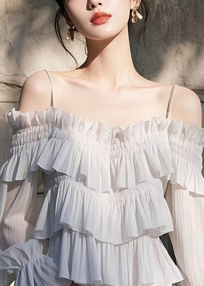 Light Grey Ruffled Chiffon Spaghetti Strap Blouse Flare Sleeve