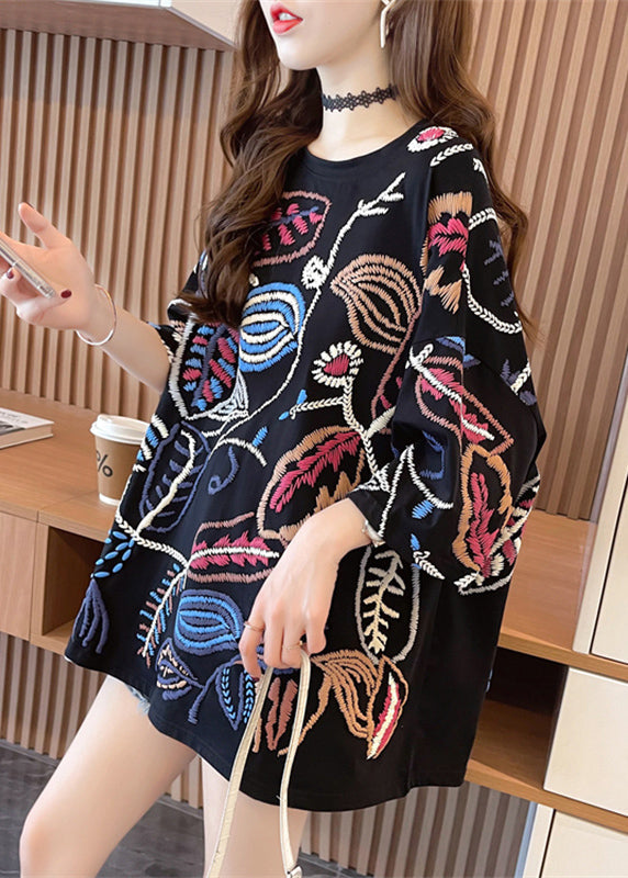 Black O-neck Print Top Summer
