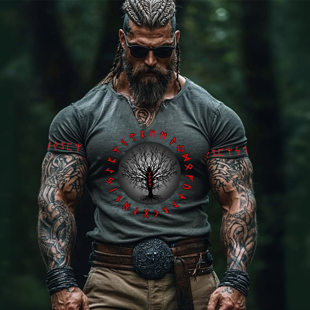 Vintage Viking Tree Of Life Rune Linen V-neck Shirt artswardrobe