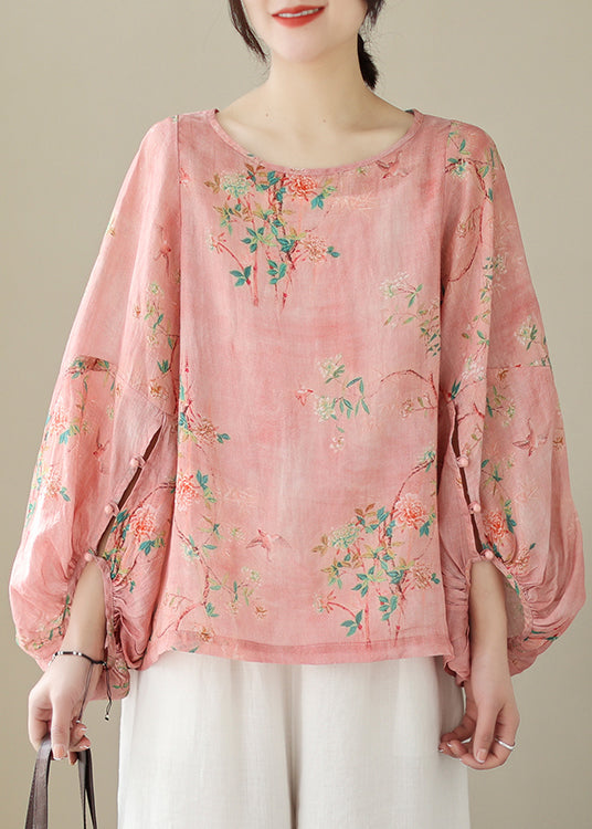 Pink Print Button Patchwork Cotton Tops Long Sleeve