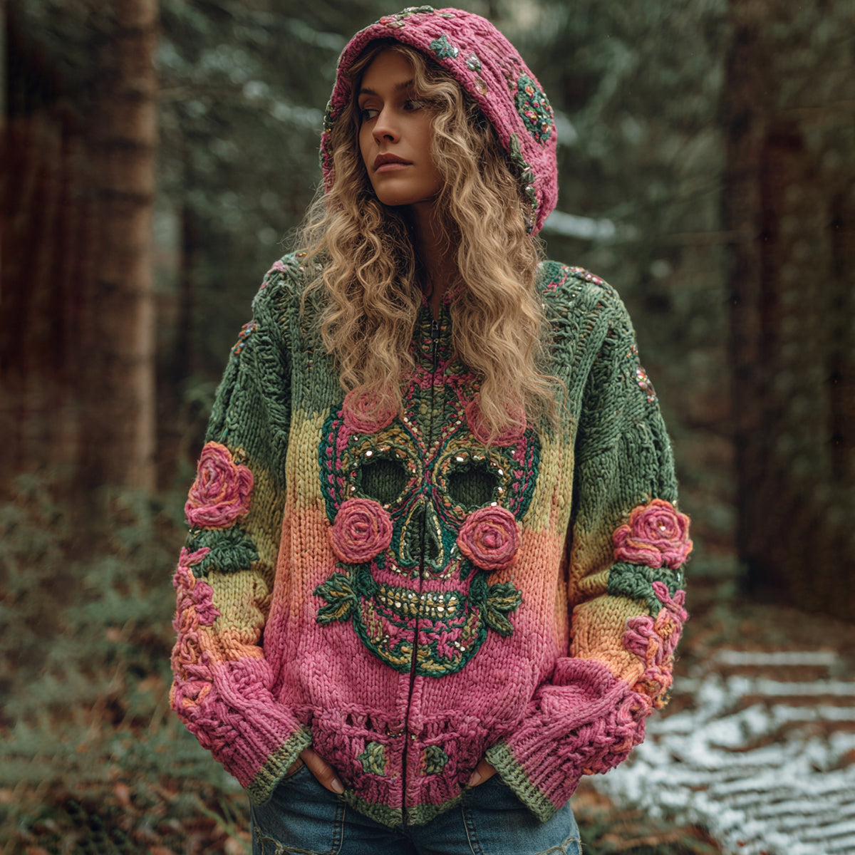 Women's Viking Tribal Jacquard Celtic With Red Rose And Skull Inspired Cozy Knitted Hooded Cardigan artswardrobe