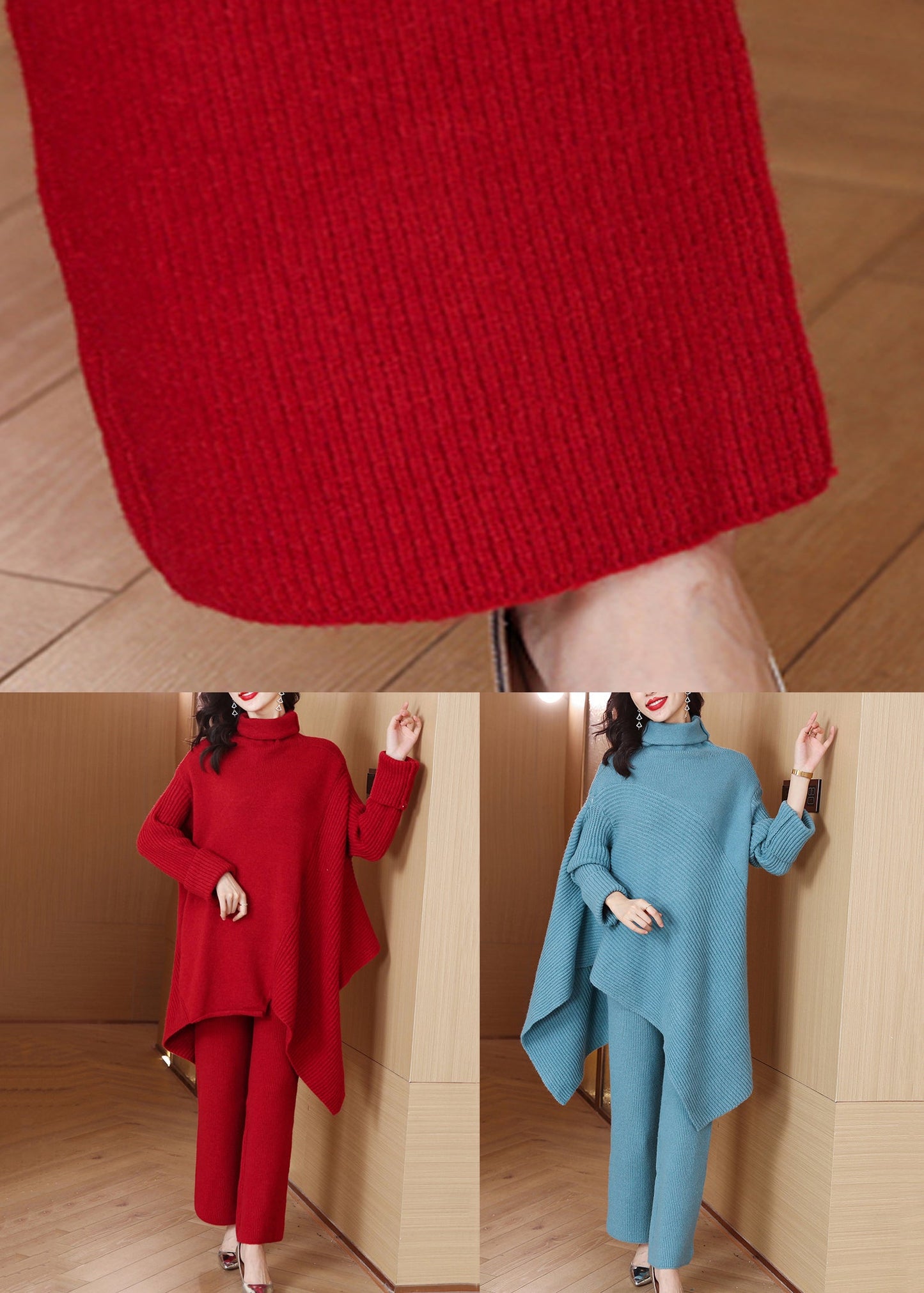 Loose Blue Turtleneck Knit Two Pieces Set Winter