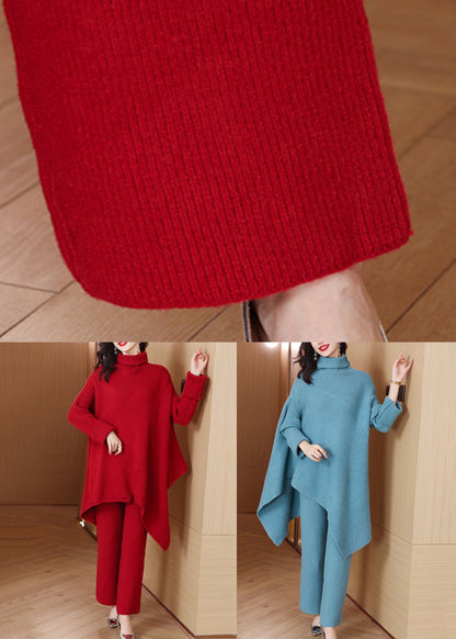 Loose Blue Turtleneck Knit Two Pieces Set Winter