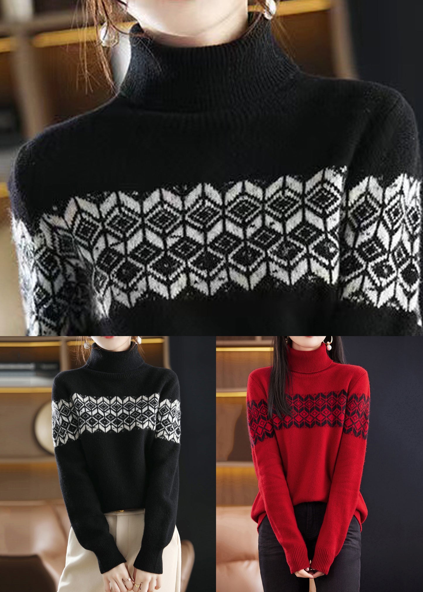 Black Turtleneck Cotton Knit Top Long Sleeve