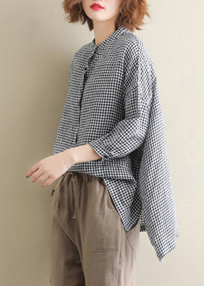 Stand Collar Buttton Low High Design Plaid Shirt Tops Half Sleeve