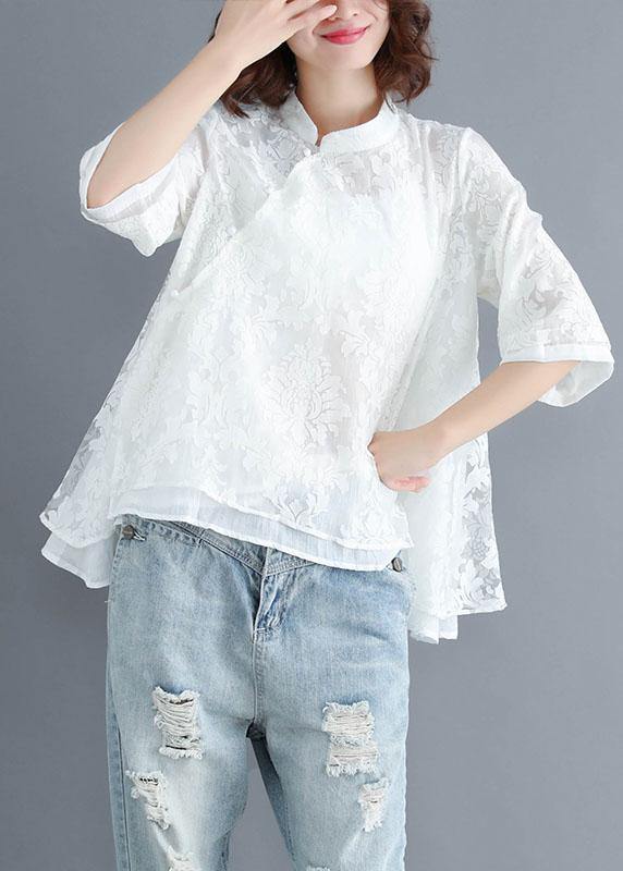 White Stand Collar Asymmetrical Design Summer Tops Three Quarter Sleeve Shirt