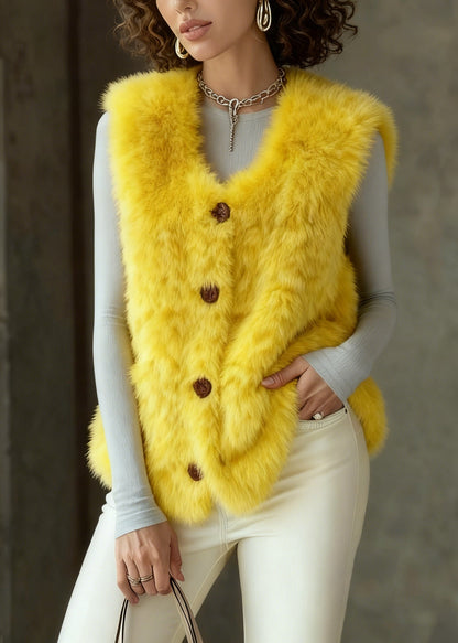 Yellow Button Faux Fur Vest Tops Sleeveless