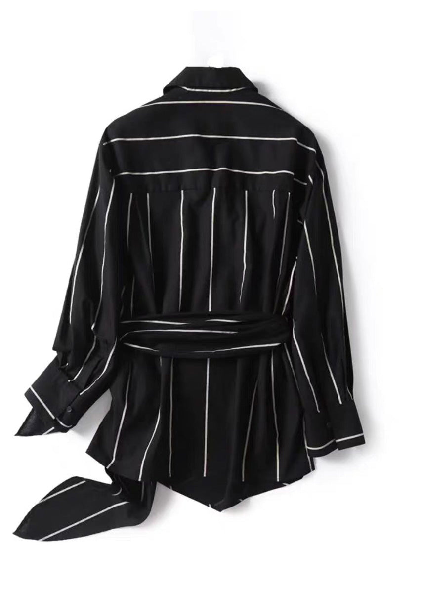 Black Peter Pan Collar Striped Lace Up Linen Tops Fall