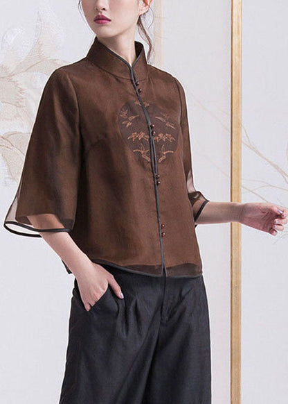 Chinese Style Brown Button Stand Collar Silk Coats Half Sleeve