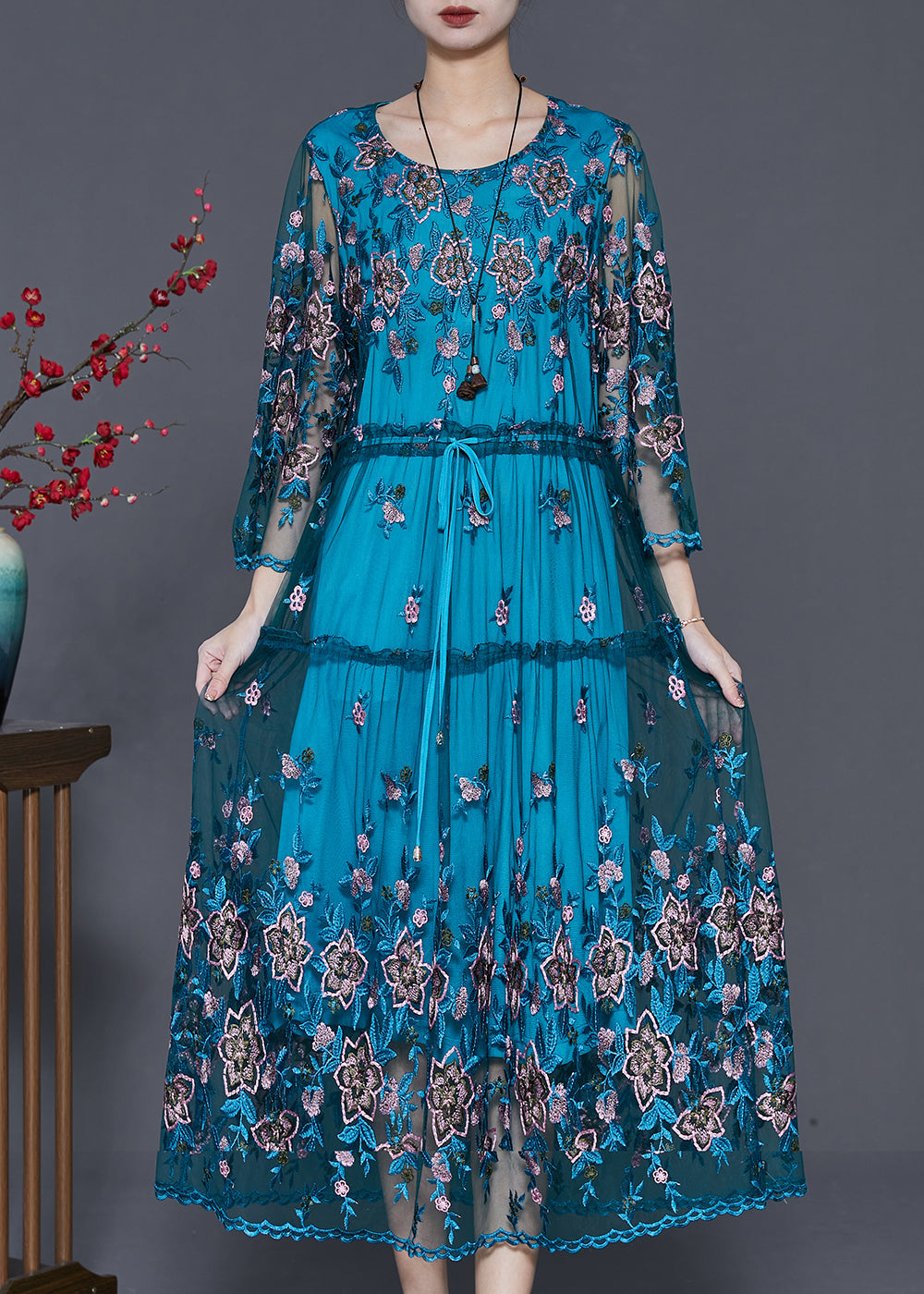 Blue Embroidered Tulle Cinched Dresses Summer