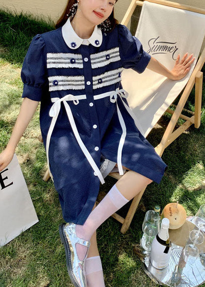 Navy Bow Button Patchwork Nail Bead Fall Short Sleeve Dresses
