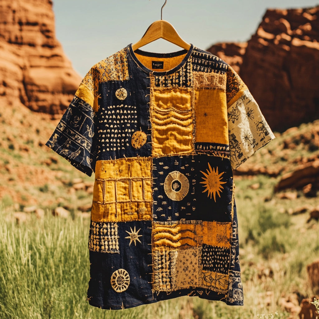 Men's Contrast Patchwork Sun Linen T-shirt artswardrobe