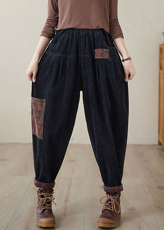 Black Print Patchwork Thick Corduroy Fleece Pants Winter