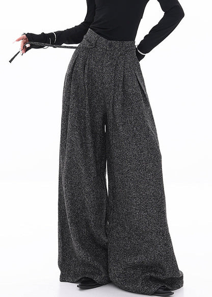 Black Lace Up Woolen Fall Wide Leg Pants High Waist