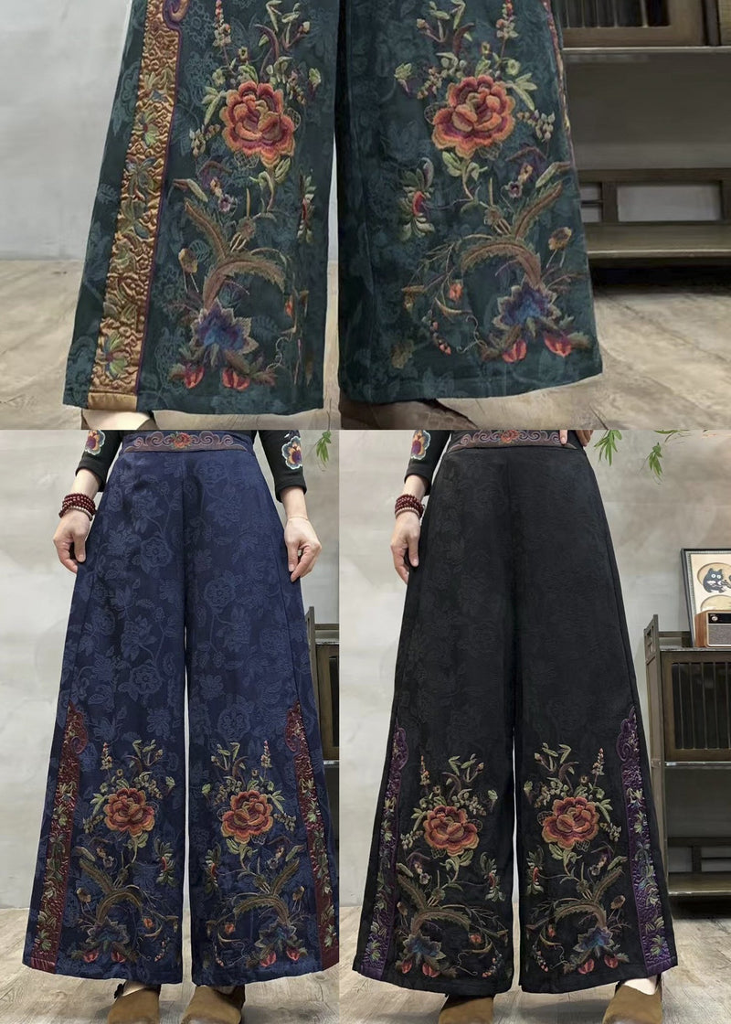 Style Navy Embroidered Cotton Wide Leg Pants Spring