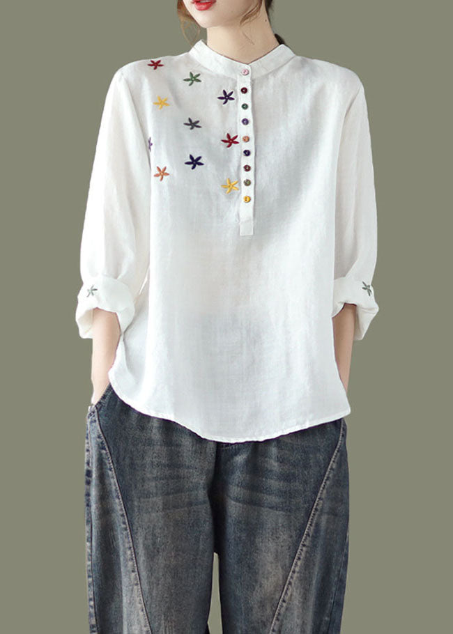 White Stand Collar Embroideried Linen Shirt Spring