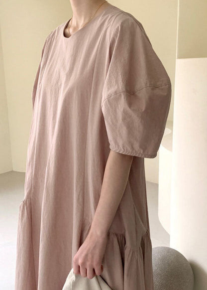 Pink Puff Sleeve Patchwork Cotton Vacation Dresses Spring