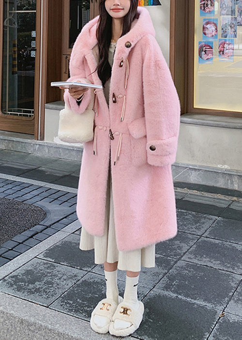 Pink Button Pockets Mink Velvet Coat Hooded Winter