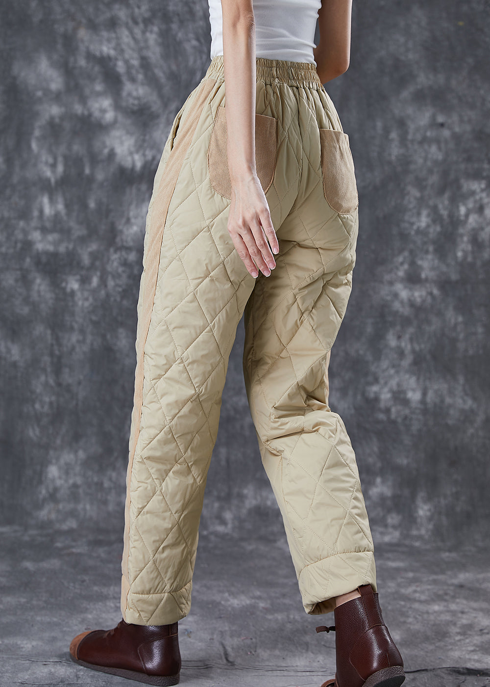 Khaki Oversized Patchwork Thick Fine Cotton Filled Pants Winter