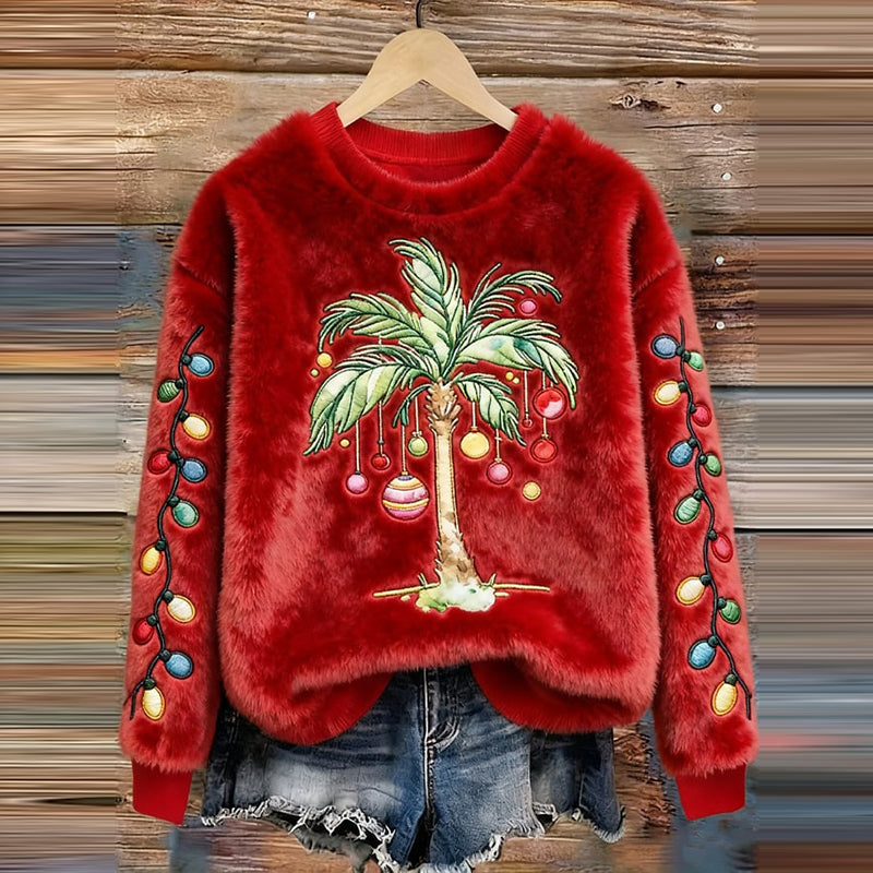 Comstylish Women's Vintage Christmas Palm Tree Print Flannel Sweatshirt