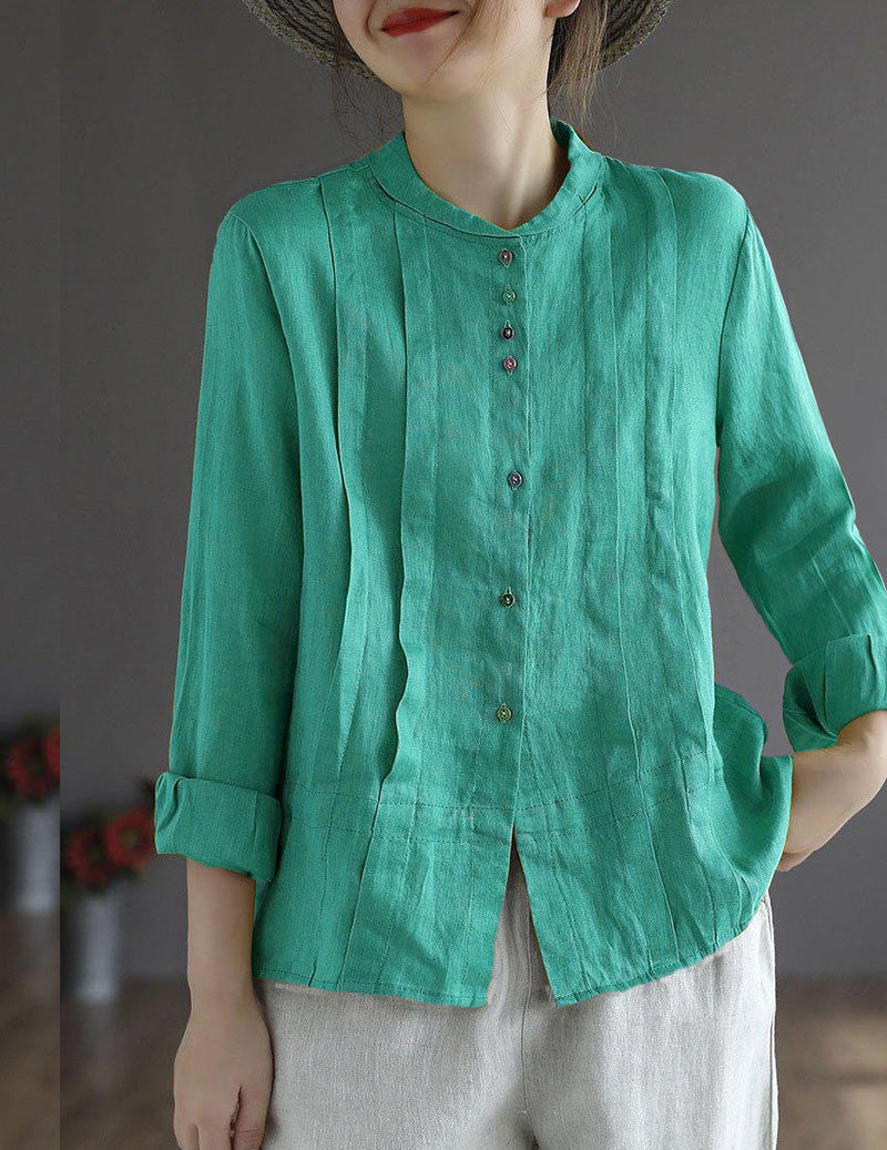 White Flower Button Fall Top Long Sleeve Linen