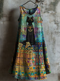 Comstylish Ancient Egyptian Black Cat Art Linen Tank Dress