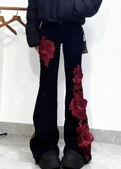 Slim Fit Black High Waist Roses Patchwork Denim Flare Bottoms Spring