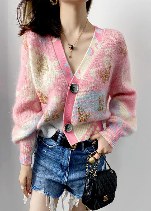 Pink V Neck Button Patchwork Cotton Knit Coats Long Sleeve