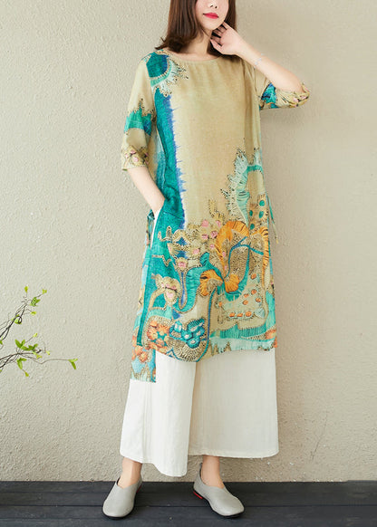 Green Oversized Print Linen Dress Summer