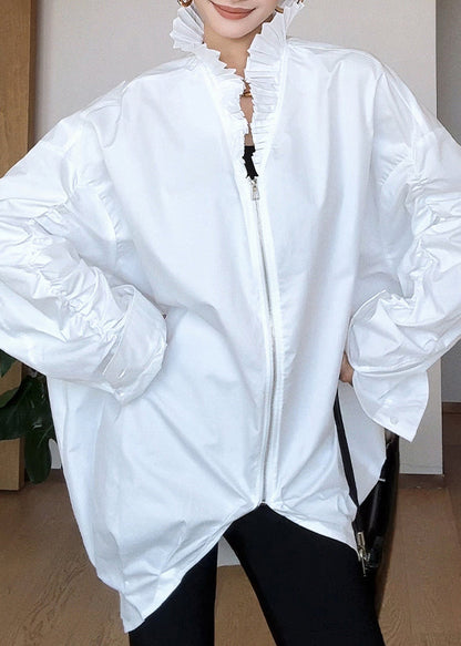 French White Stand Collar Cinched Patchwork Zippered Shirt Batwing Sleeve