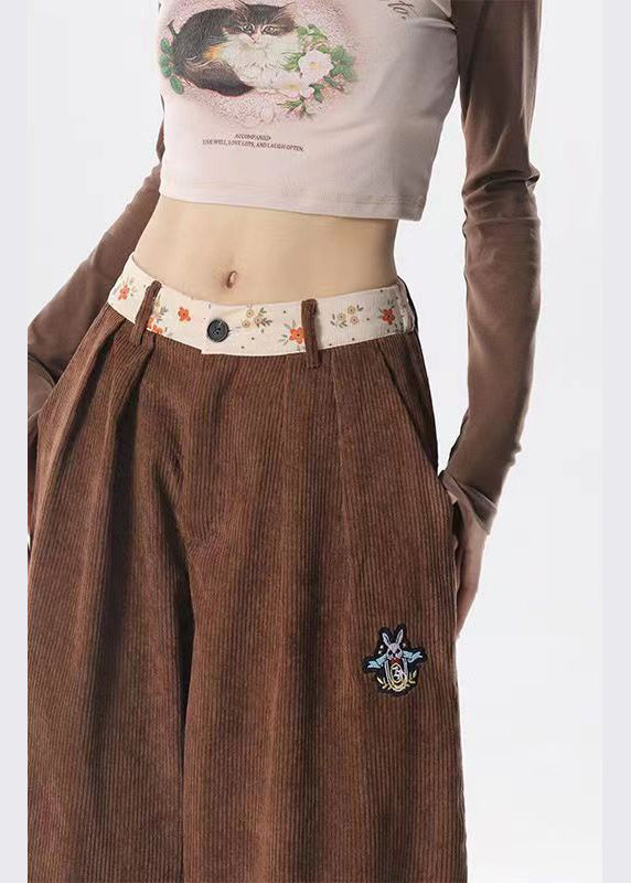 Style Brown Pockets Corduroy Wide Leg Pants Spring