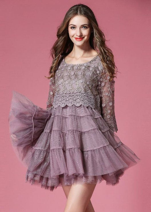 Purple Tulle Dress Hollow Out Embroideried Patchwork Spring