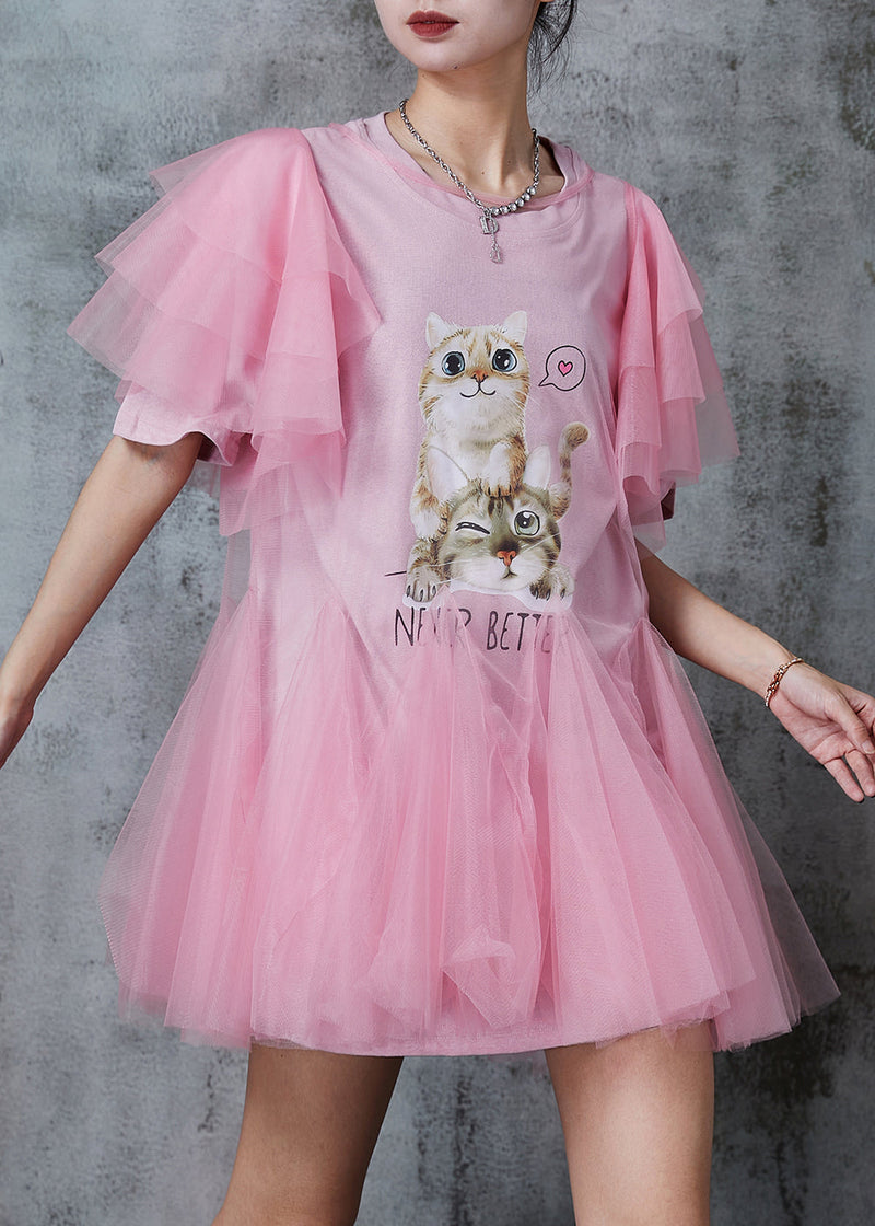 Italian Pink Cat Print Tulle Minin Dress Summer