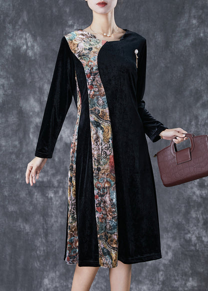 Black Exra Large Hem Patchwork Silk Velour Vacation Dresses Fall
