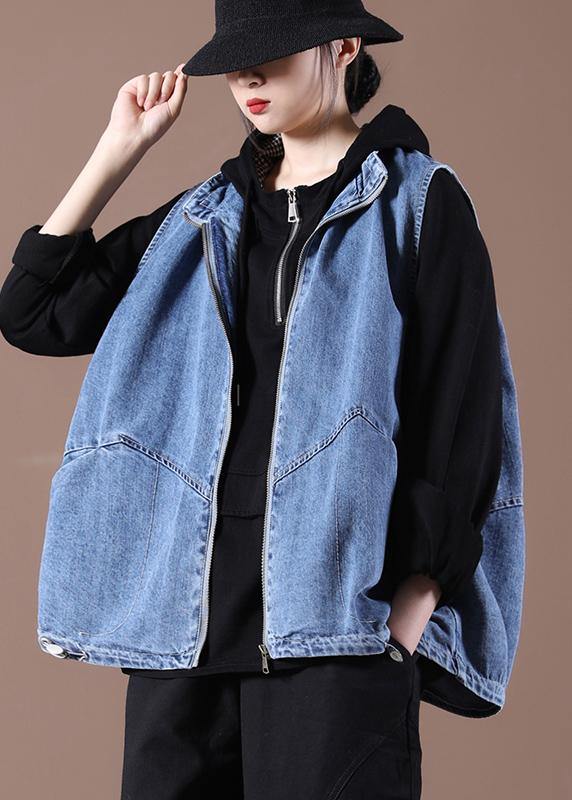 Drawstring Zipper Wash Blue Stand Collar Vest